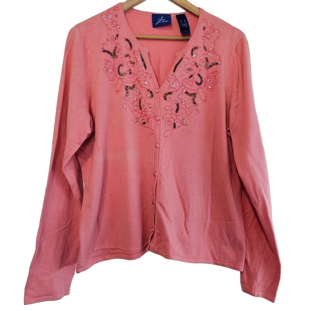 JH Vintage Sweater Womens XL Silk Sequins Beaded Pink Cardigan Soft Floral